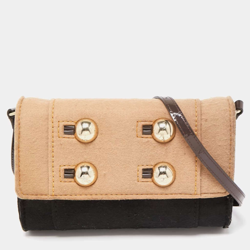 Kate Spade Black/Beige Wool And Patent Leather Beantown Lene Crossbody Bag